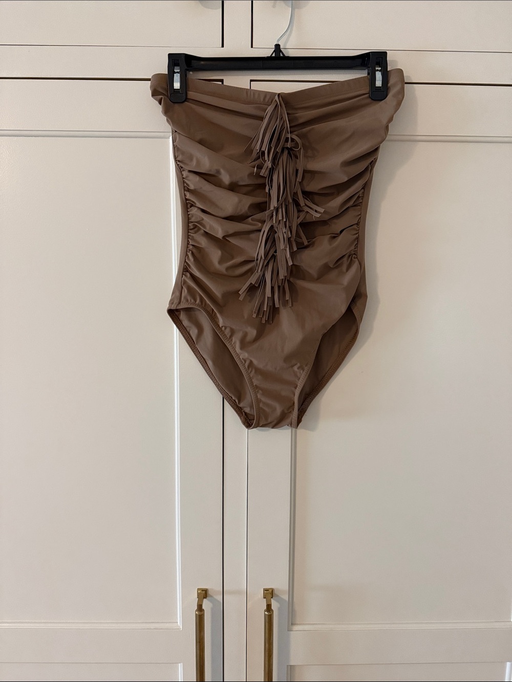 Karla Colletto Women’s Solid brown Strapless Bandeau One Piece Fringe Ruffle 10